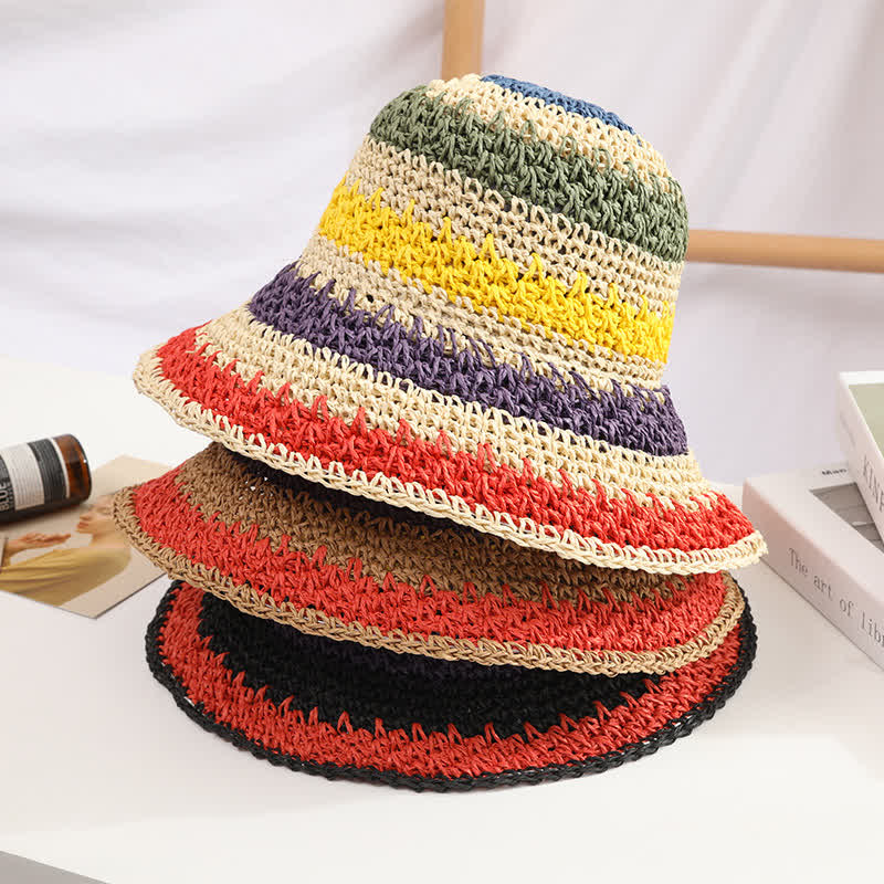 Women's Boho Style Colorful Rainbow Foldable Straw Hat - Image 5
