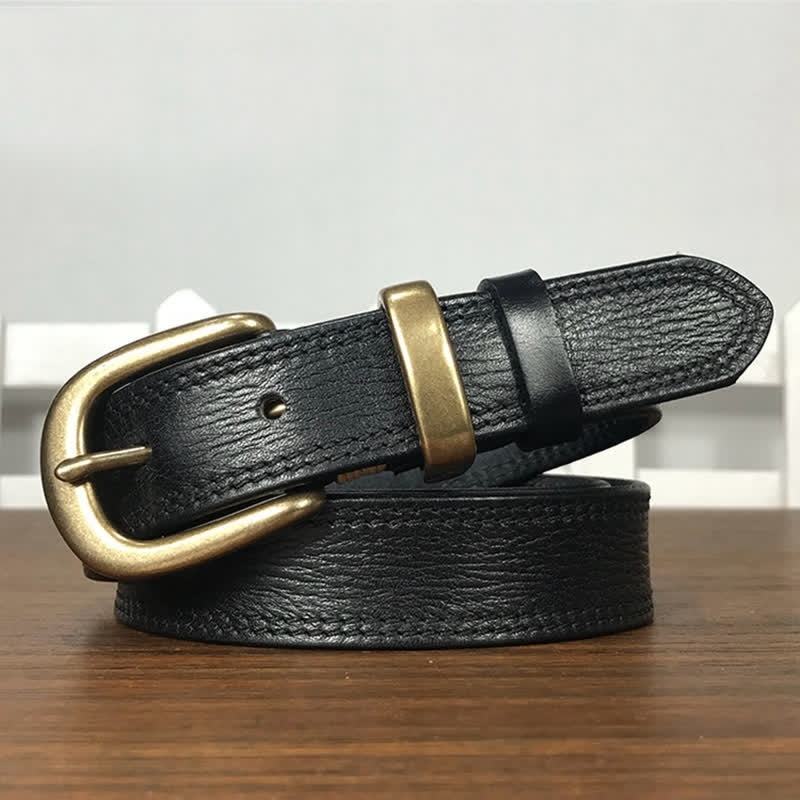Women's Brass Buckle Double Stitching Narrow Leather Belt - Image 13
