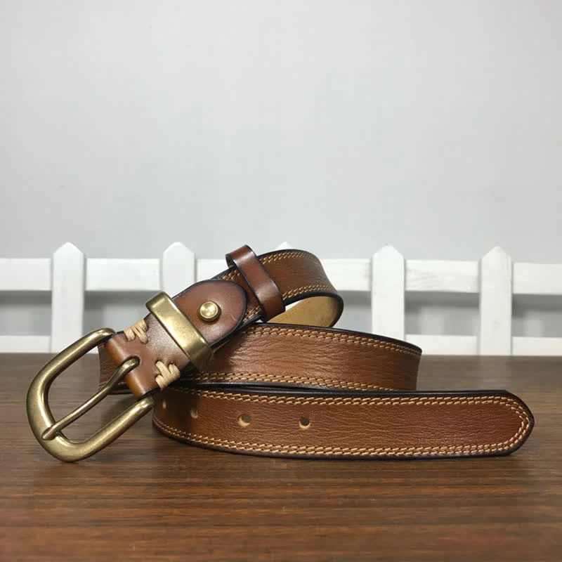 Women's Brass Buckle Double Stitching Narrow Leather Belt - Image 5