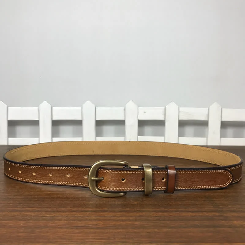 Women's Brass Buckle Double Stitching Narrow Leather Belt - Image 6