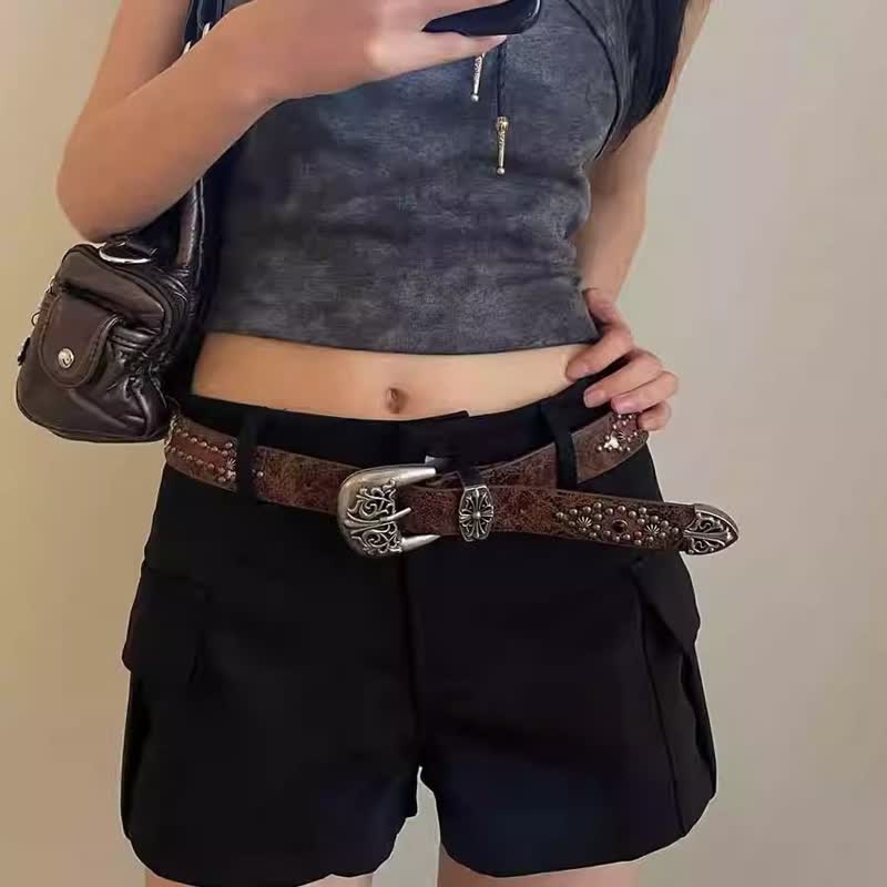 Women's Brown Arrow Shape Rivets Studded Leather Belt - Image 2