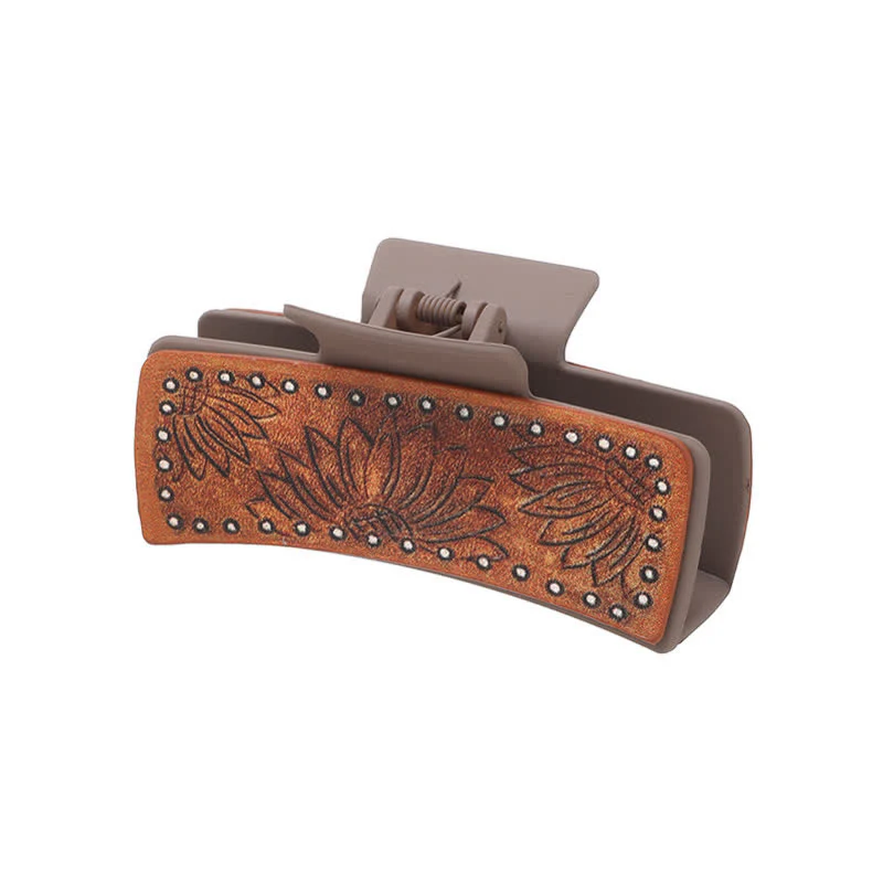 Women's Brown PU Leather Sunflower Print Hair Claw Clip - Image 2