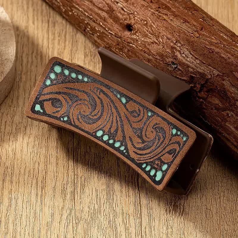 Women's Brown Western Native Floral Print Hair Claw Clip - Image 9