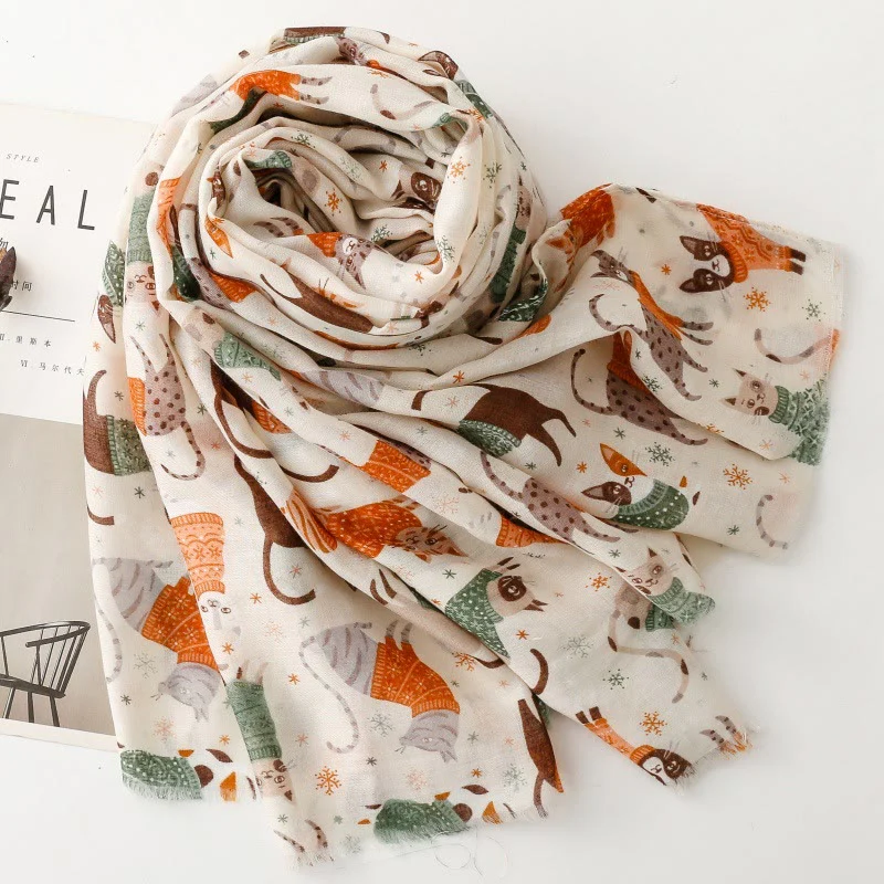 Women's Cat Kitten Printed Lightweight Thin Scarf - Image 3