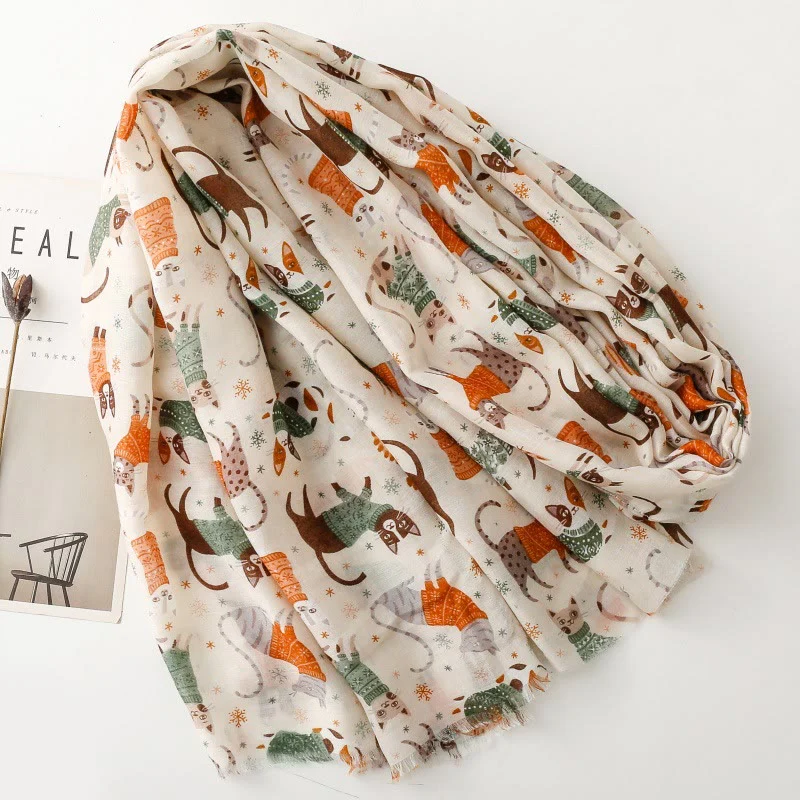 Women's Cat Kitten Printed Lightweight Thin Scarf - Image 4