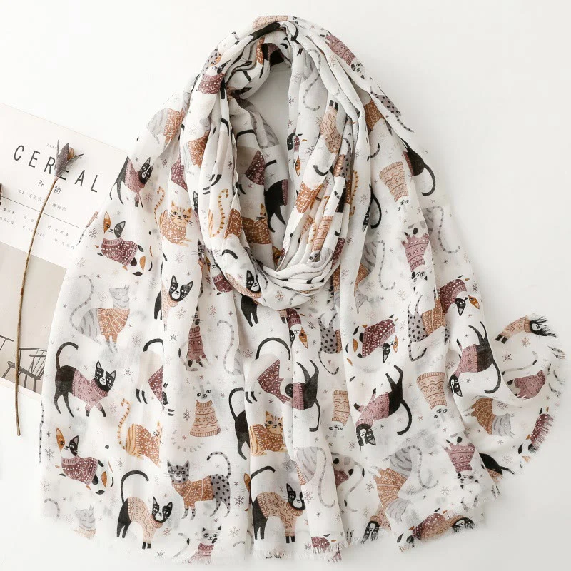 Women's Cat Kitten Printed Lightweight Thin Scarf - Image 8