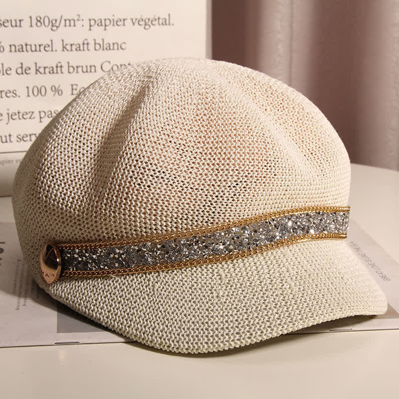 Women's Chic Gold Chain Silver Rhinestone Straw Beret Hat - Image 10
