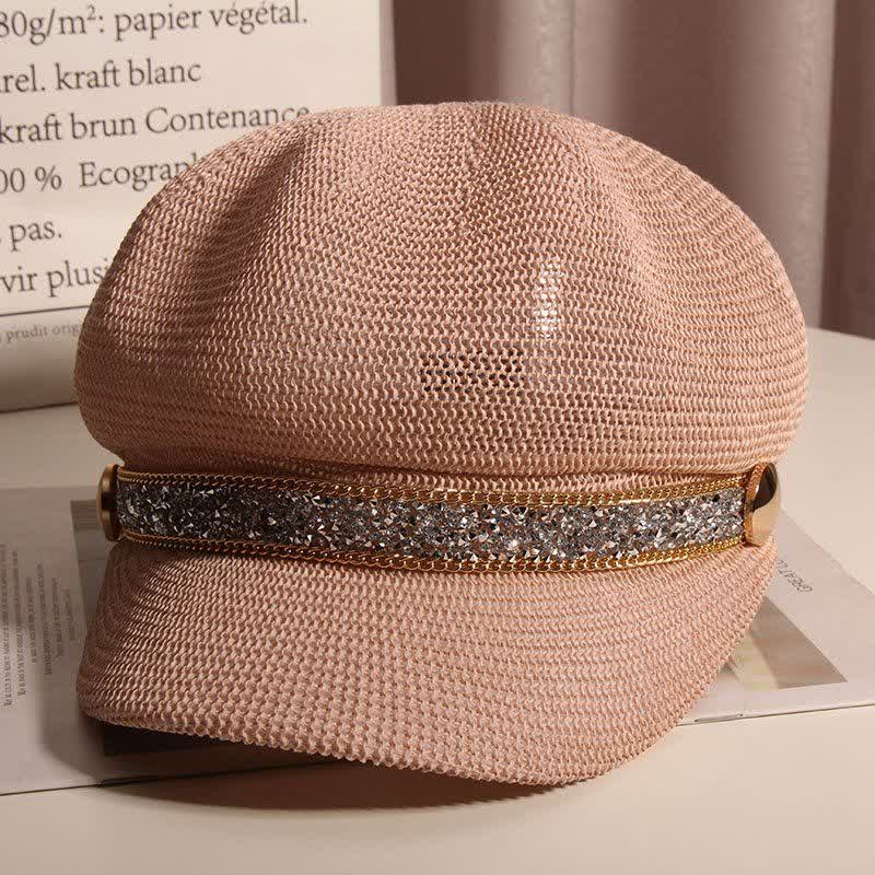 Women's Chic Gold Chain Silver Rhinestone Straw Beret Hat - Image 11