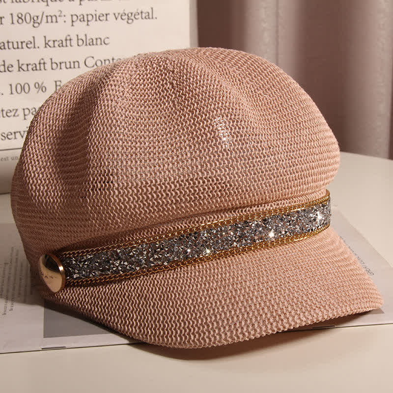 Women's Chic Gold Chain Silver Rhinestone Straw Beret Hat - Image 12