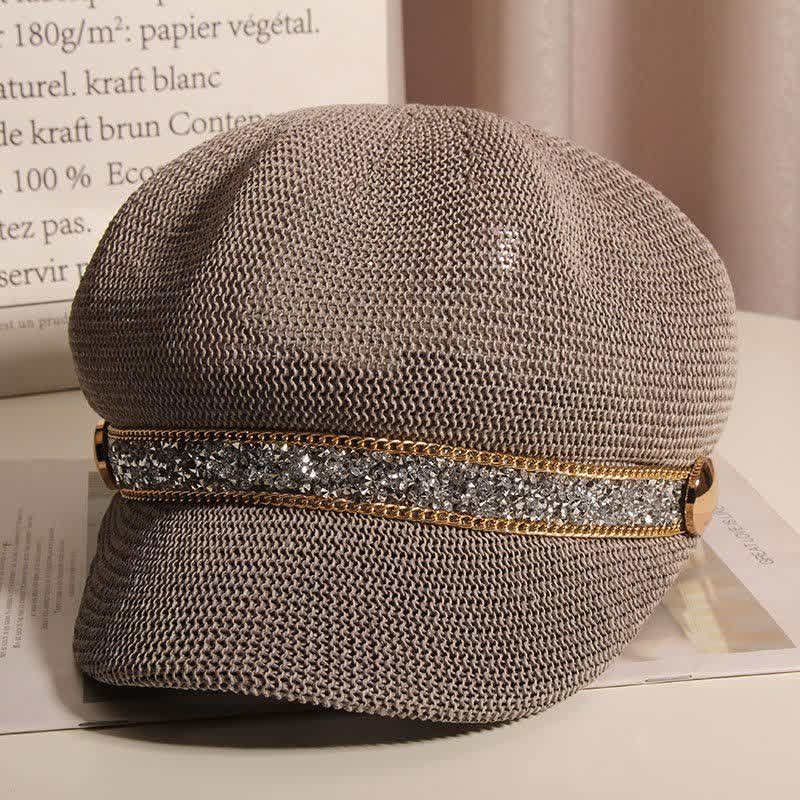 Women's Chic Gold Chain Silver Rhinestone Straw Beret Hat - Image 13