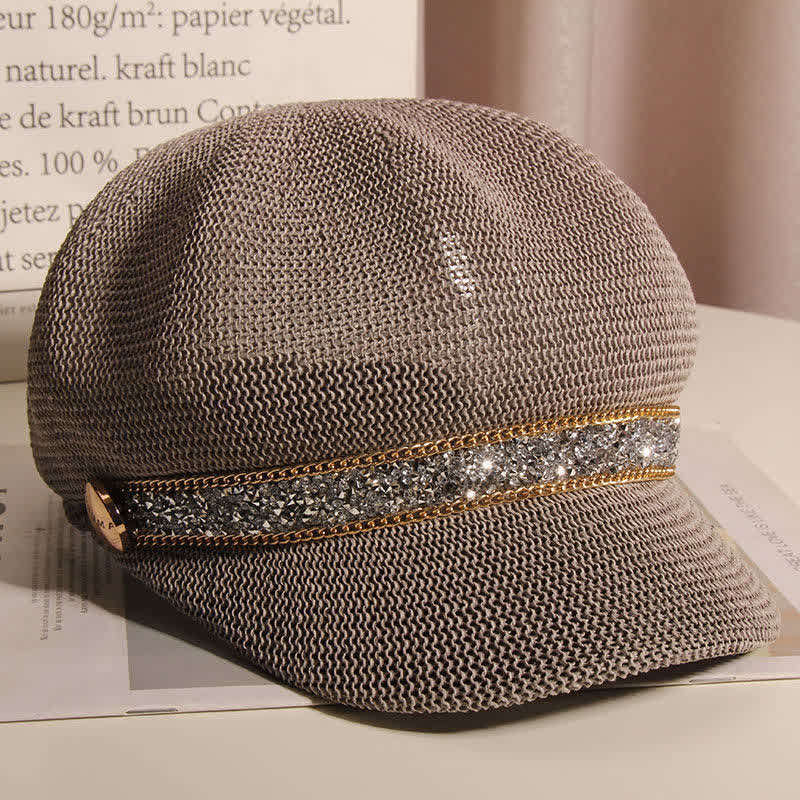 Women's Chic Gold Chain Silver Rhinestone Straw Beret Hat - Image 14