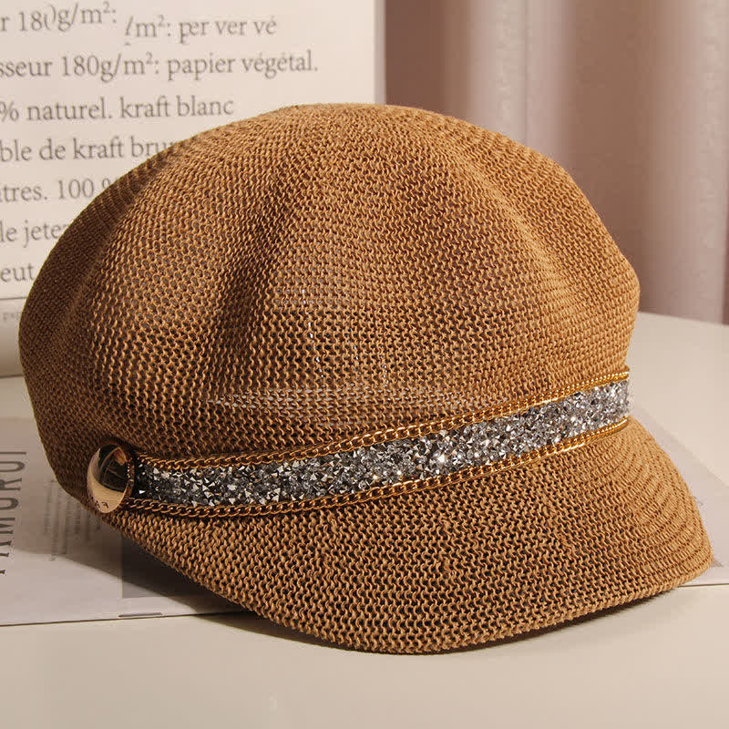 Women's Chic Gold Chain Silver Rhinestone Straw Beret Hat - Image 2