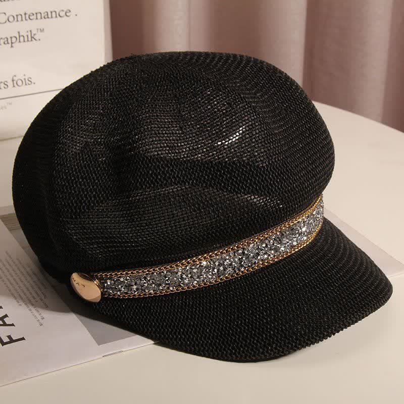 Women's Chic Gold Chain Silver Rhinestone Straw Beret Hat - Image 5