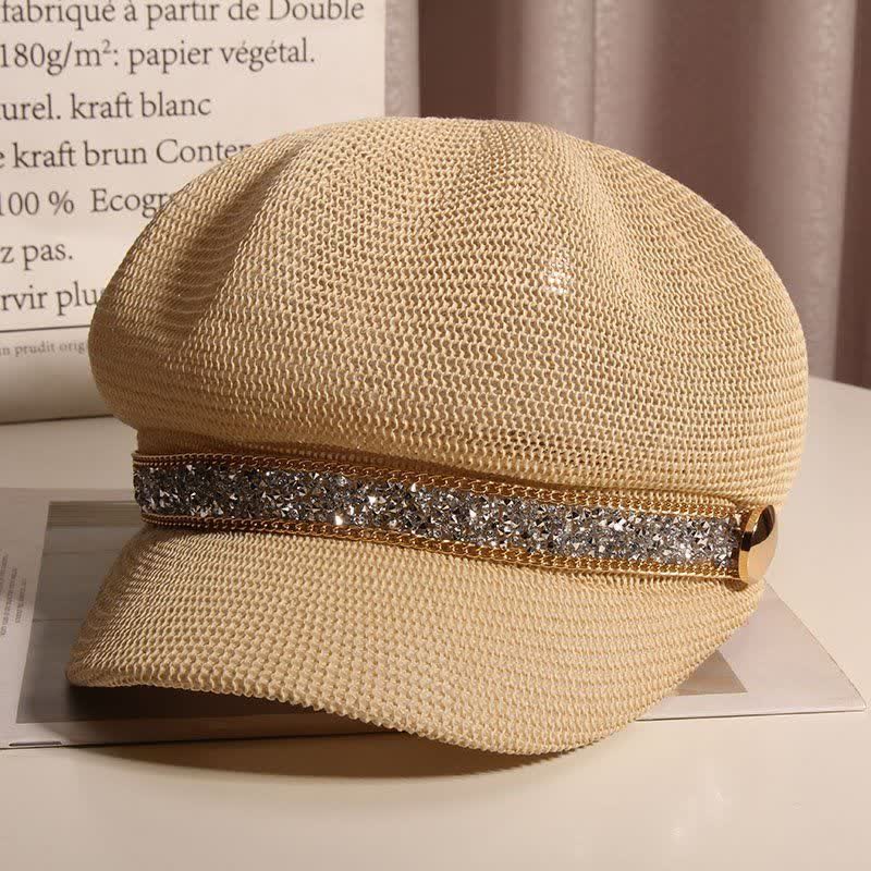 Women's Chic Gold Chain Silver Rhinestone Straw Beret Hat - Image 7