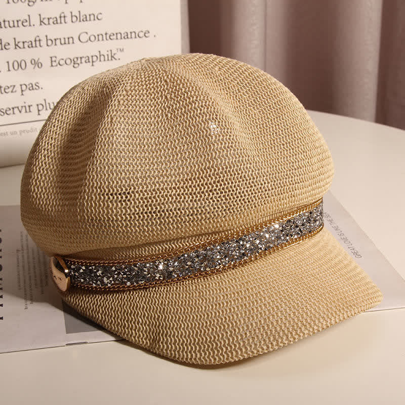 Women's Chic Gold Chain Silver Rhinestone Straw Beret Hat - Image 8