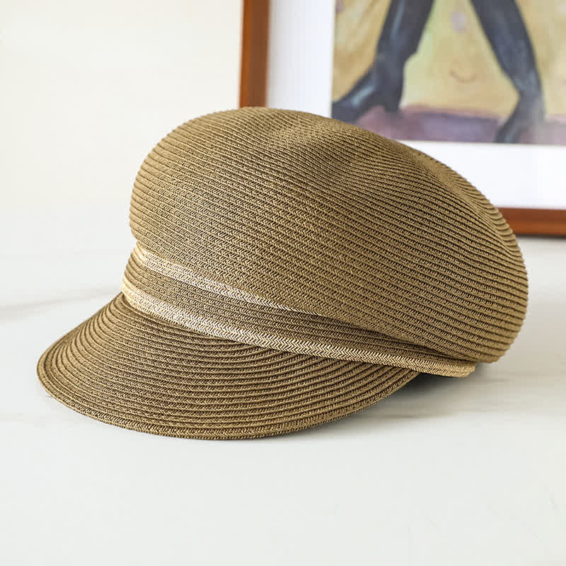 Women's Classic Striped Woven Visor Beach Straw Newsboy Hat - Image 5