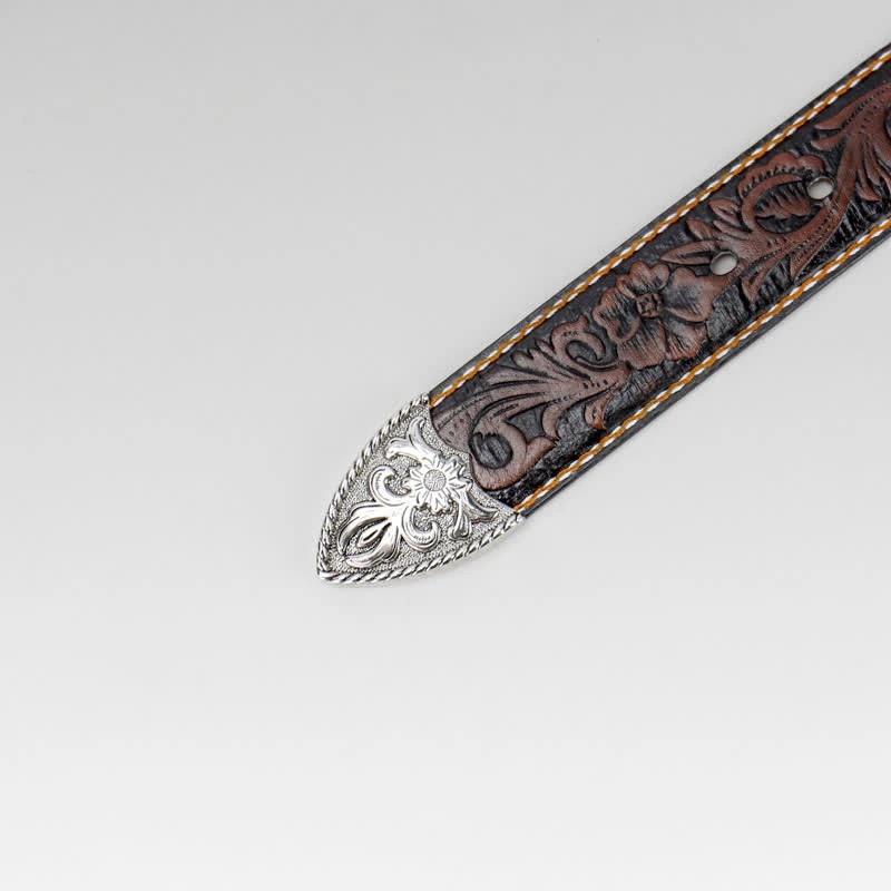 Women's Coffee Vintage Flower Engraved Leather Belt - Image 6