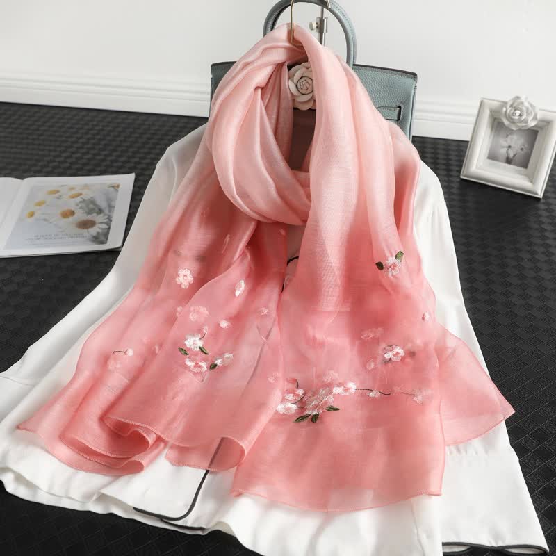 Women's Color Gradient Floral Embroidery Thin Scarf - Image 2