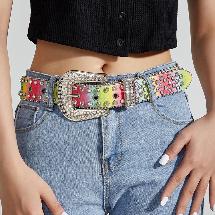 Women's Colorful Rainbow Rhinestone Leather Belt - Image 2