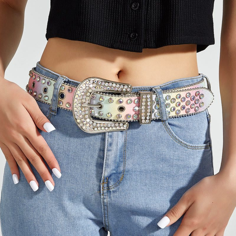Women's Colorful Rainbow Rhinestone Leather Belt - Image 3