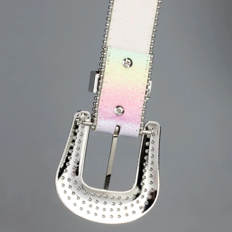 Women's Colorful Rainbow Rhinestone Leather Belt - Image 4