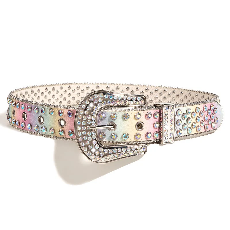 Women's Colorful Rainbow Rhinestone Leather Belt - Image 7