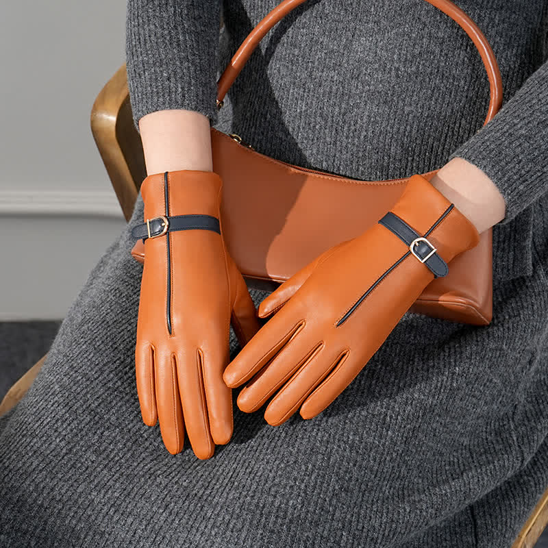 Women's Contrast Color Genuine Sheepskin Leather Gloves - Image 7