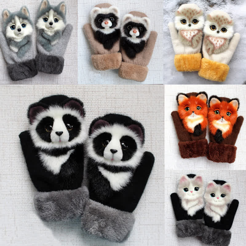 Women's Cute Animal Furry Mittens Gloves - Image 2
