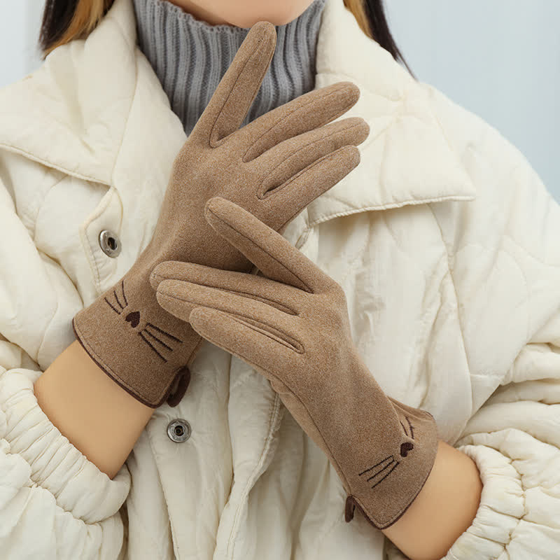 Women's Cute Cat Embroidery Screen Touch Finger Tip Gloves