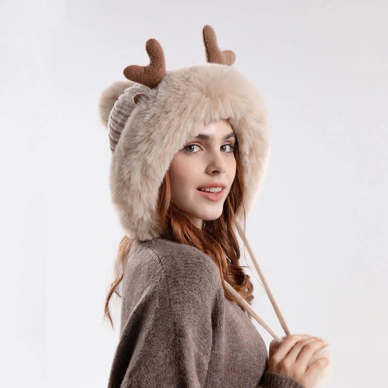 Women's Cute Deer Horn Pompom Knitted Hat - Image 11