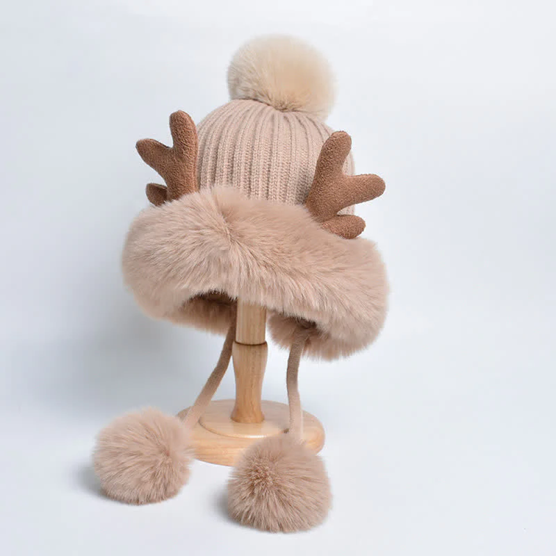 Women's Cute Deer Horn Pompom Knitted Hat - Image 12