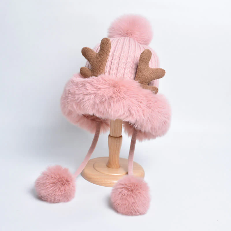 Women's Cute Deer Horn Pompom Knitted Hat - Image 3