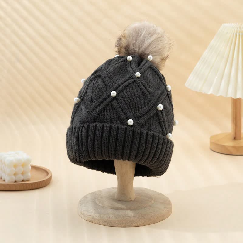 Women's Cute Pearls Deor Pompoms Stretchy Knitted Hat - Image 13
