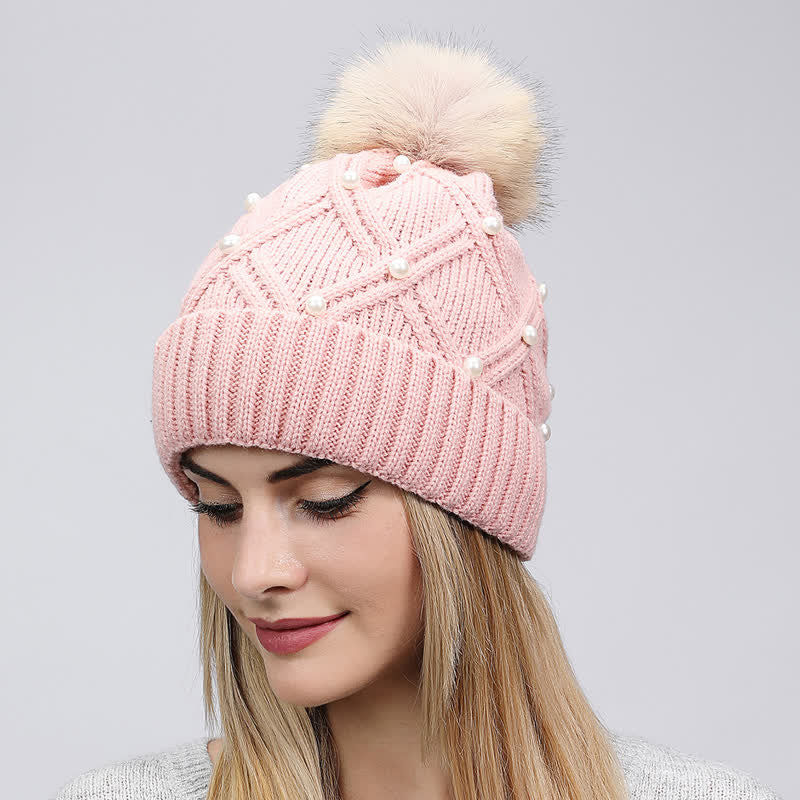 Women's Cute Pearls Deor Pompoms Stretchy Knitted Hat - Image 3
