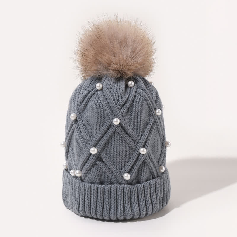 Women's Cute Pearls Deor Pompoms Stretchy Knitted Hat - Image 6