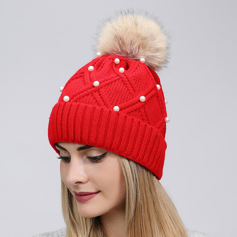 Women's Cute Pearls Deor Pompoms Stretchy Knitted Hat - Image 7