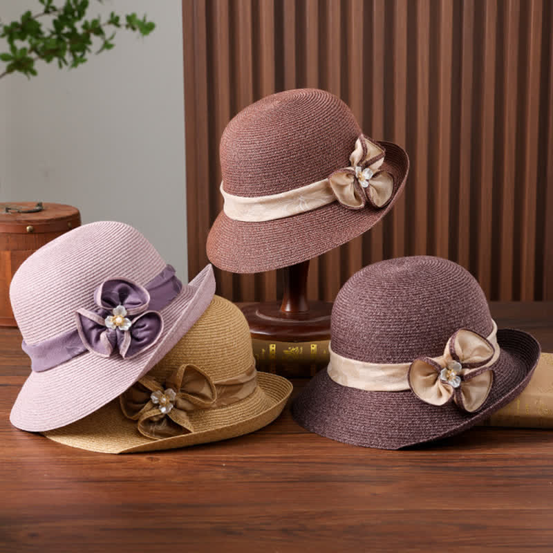 Women's Daisy Decor Flower Ribbon Sunshade Straw Hat - Image 2