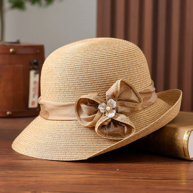 Women's Daisy Decor Flower Ribbon Sunshade Straw Hat - Image 3
