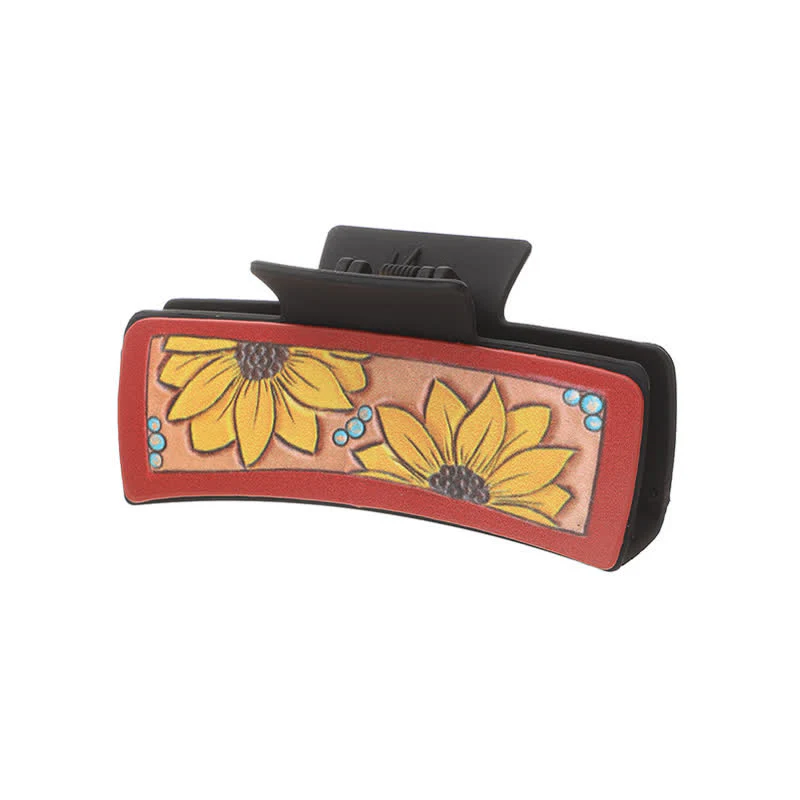 Women's Dark Coffee Sunflower Weave Print Hair Claw Clip - Image 2