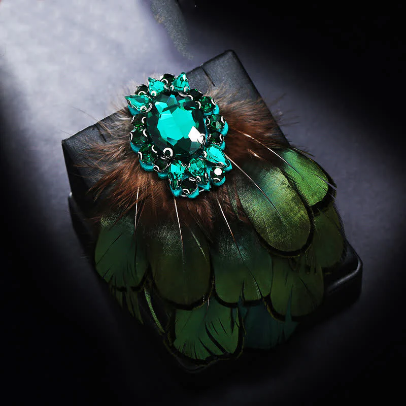 Women's Dark Green Crystal Feather Brooch - Image 5