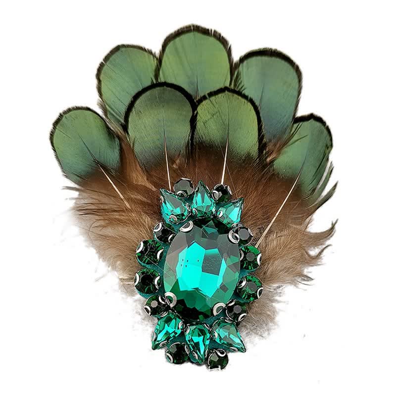 Women's Dark Green Crystal Feather Brooch - Image 6