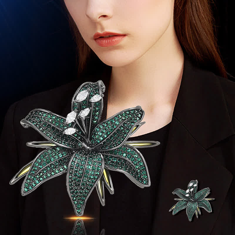 Women's Dark Green Lily Crystal Zircons Inlaid Brooch - Image 2