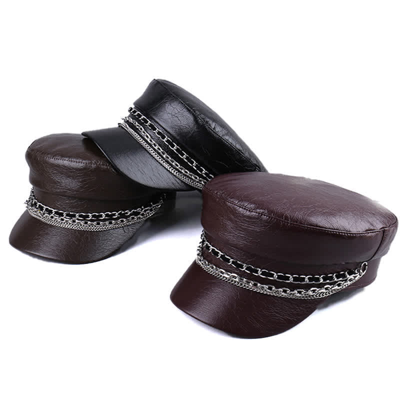 Women's Decorated Chain Flat Top Black Leather Beret Hat - Image 2