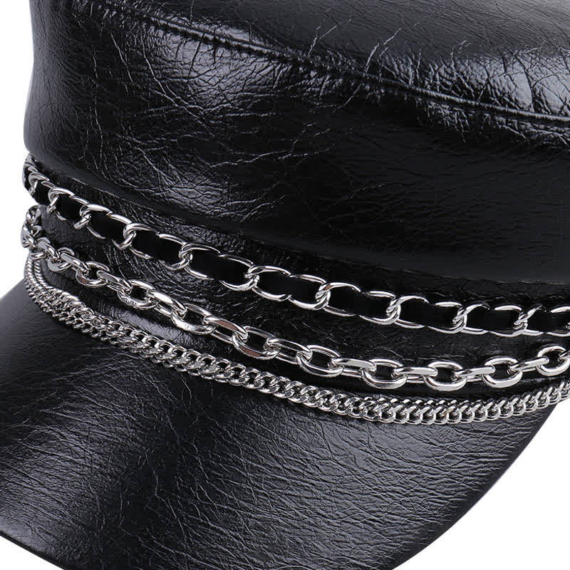 Women's Decorated Chain Flat Top Black Leather Beret Hat - Image 3