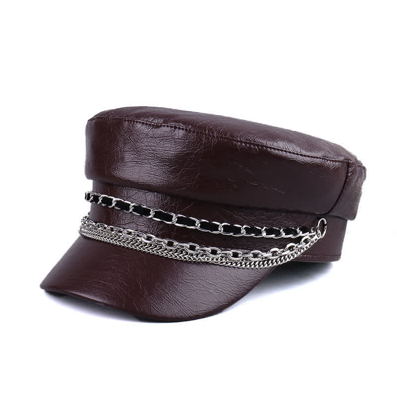 Women's Decorated Chain Flat Top Black Leather Beret Hat - Image 5