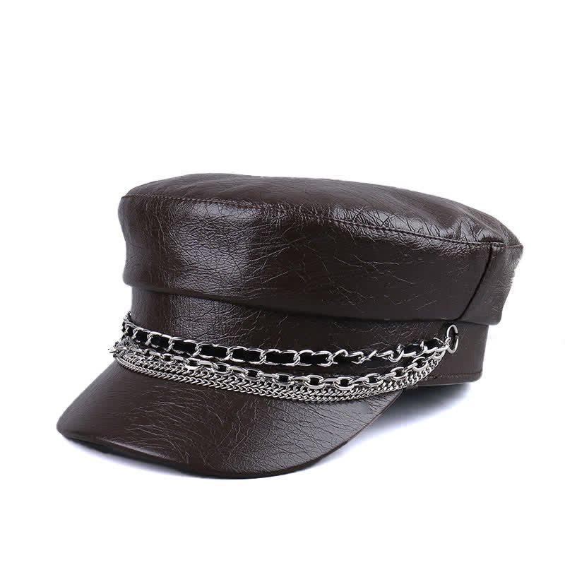 Women's Decorated Chain Flat Top Black Leather Beret Hat - Image 6