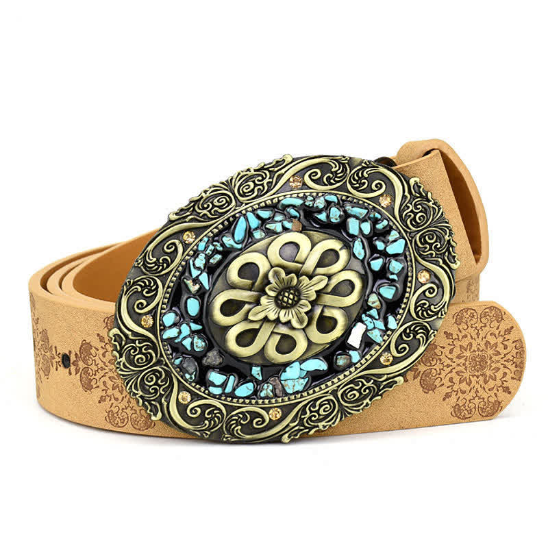 Women's Decorative Inlaid Color Stone Turquoise Leather Belt - Image 5