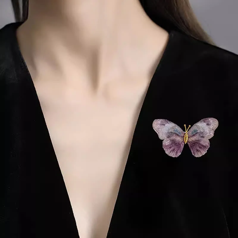Women's Delicate Embroidered Butterfly Insect Brooch - Image 2
