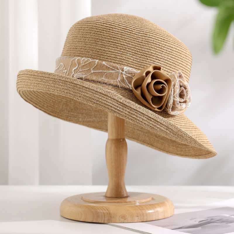 Women's Double Flowers Net Gauze Roll Brim Summer Straw Hat - Image 7
