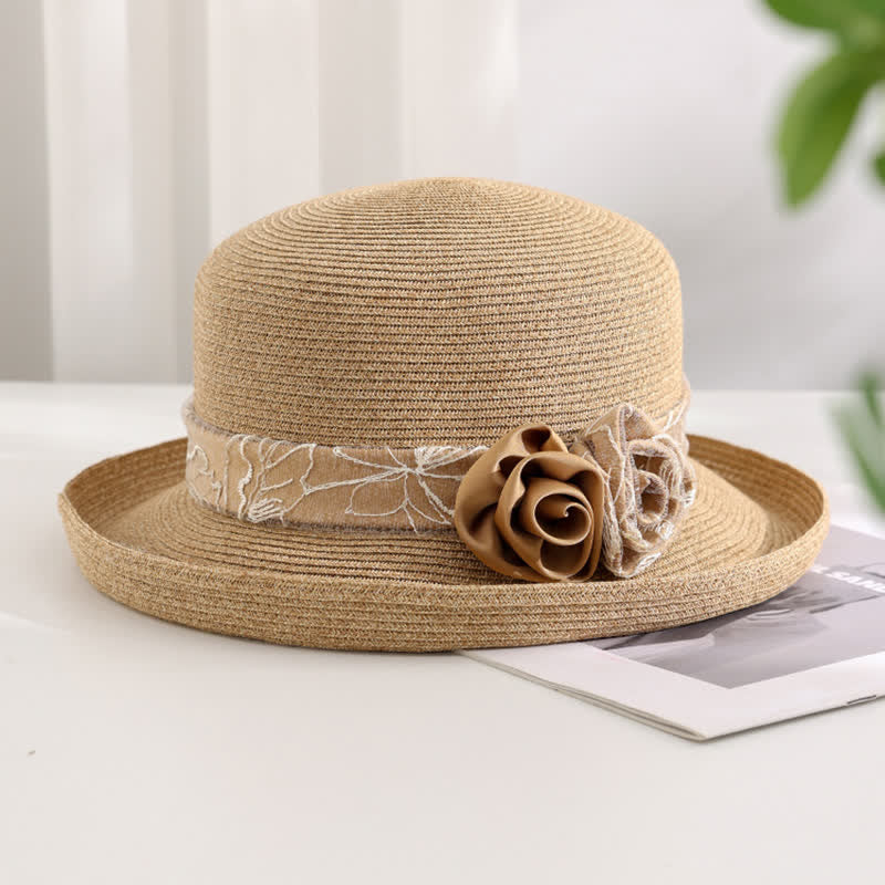 Women's Double Flowers Net Gauze Roll Brim Summer Straw Hat - Image 8